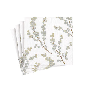 Berry Branches Paper Cocktail Napkins in White & Silver - 20 Per Package