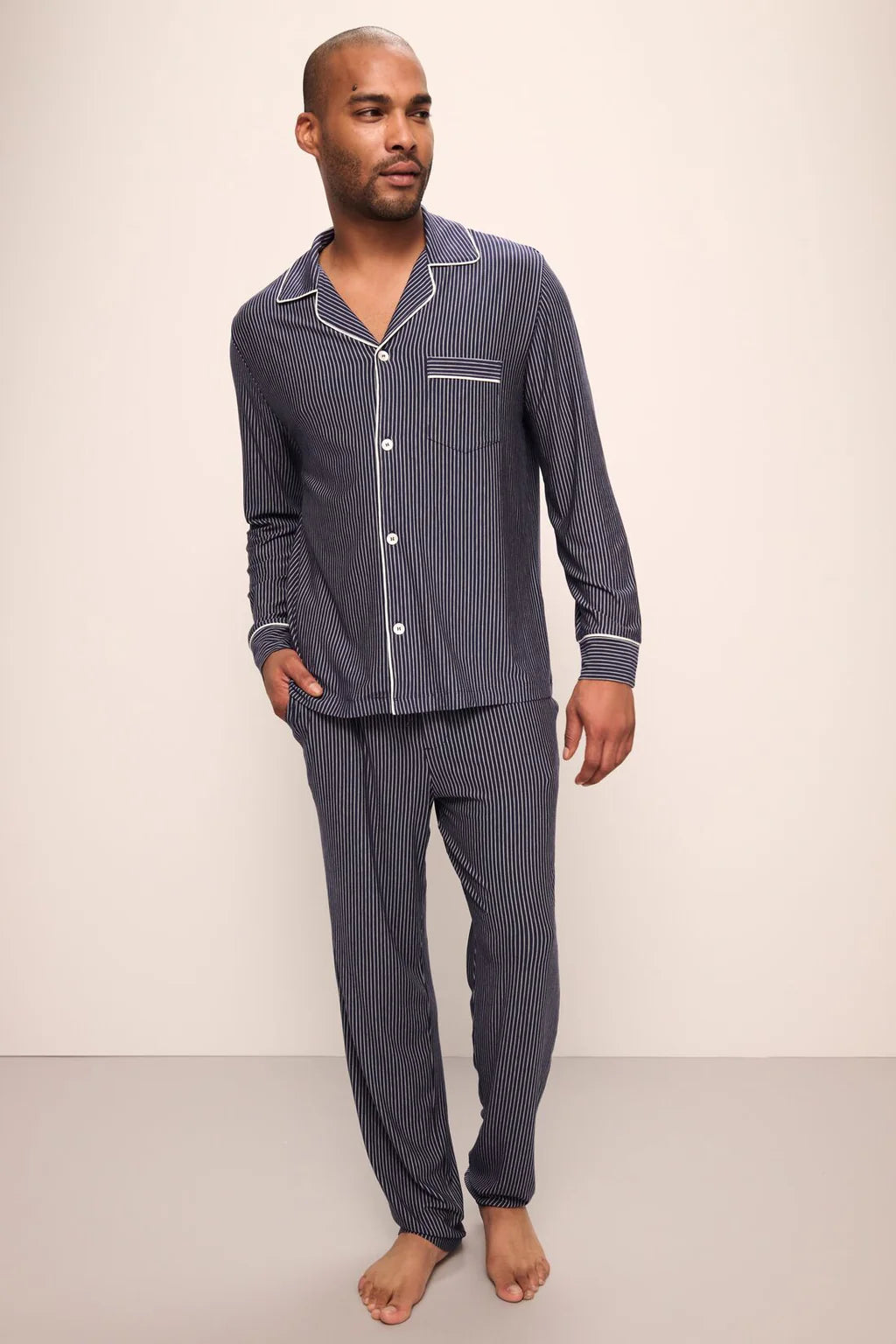 William Printed TENCEL™ Modal Long PJ Set-Duo Stripe True Navy/Ivory