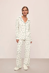 Gisele Printed TENCEL™ Modal Long PJ Set-Alpine Skier Ivory/Forest Green