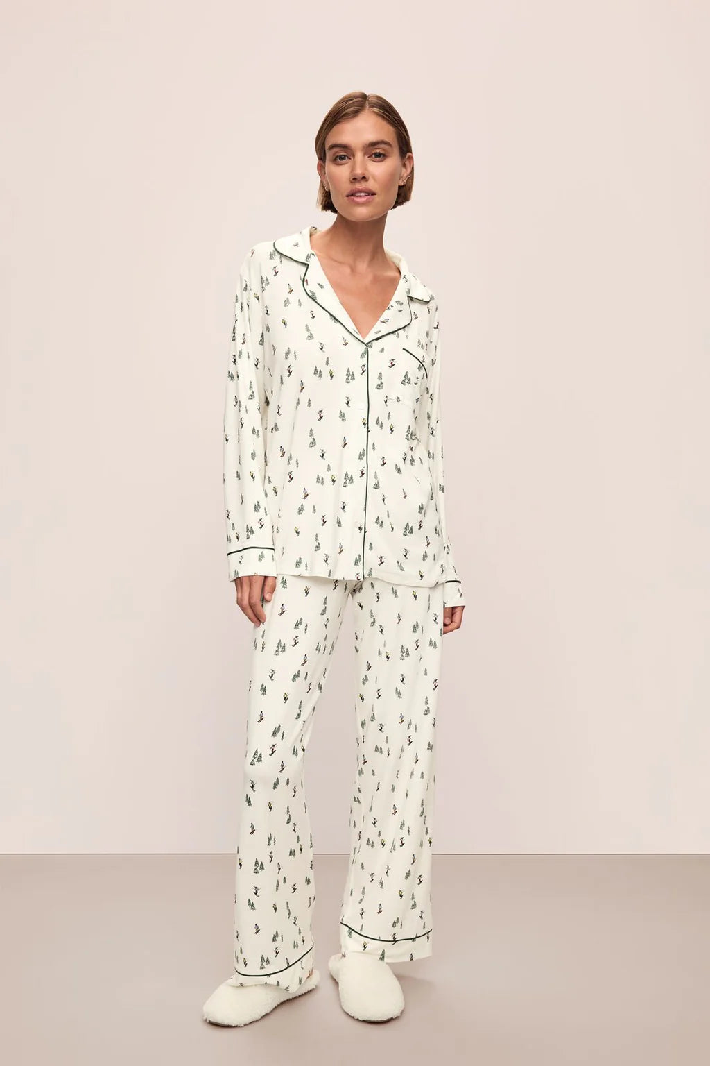 Gisele Printed TENCEL™ Modal Long PJ Set-Alpine Skier Ivory/Forest Green