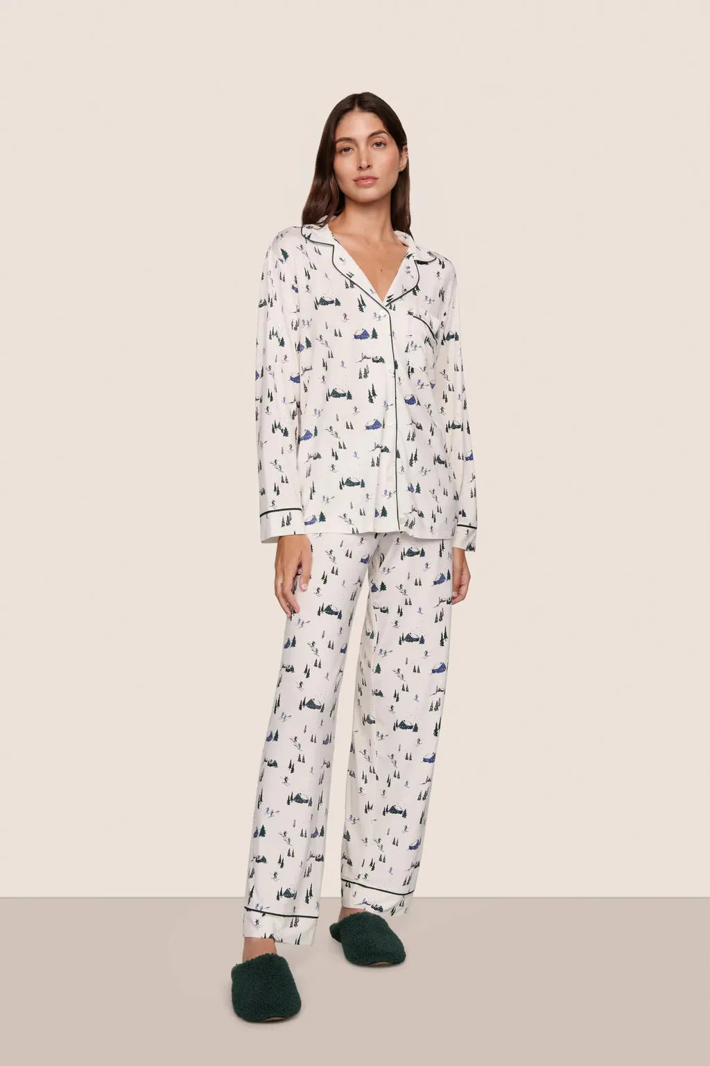 Gisele Printed TENCEL™ Modal Long PJ Set Ski Chalet Ivory/Pine